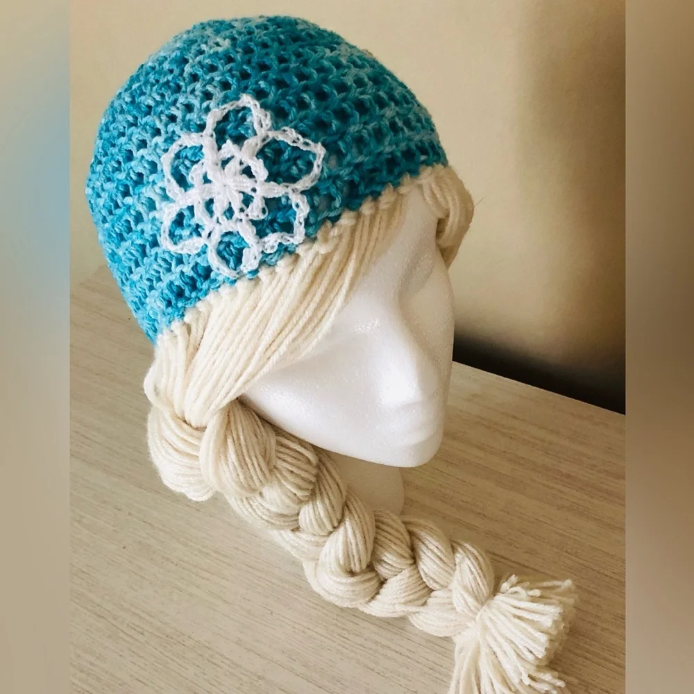 Handmade Crochet Elsa-Inspired Hat – Blue Snowflake Beanie‎ with Long Yarn Braid